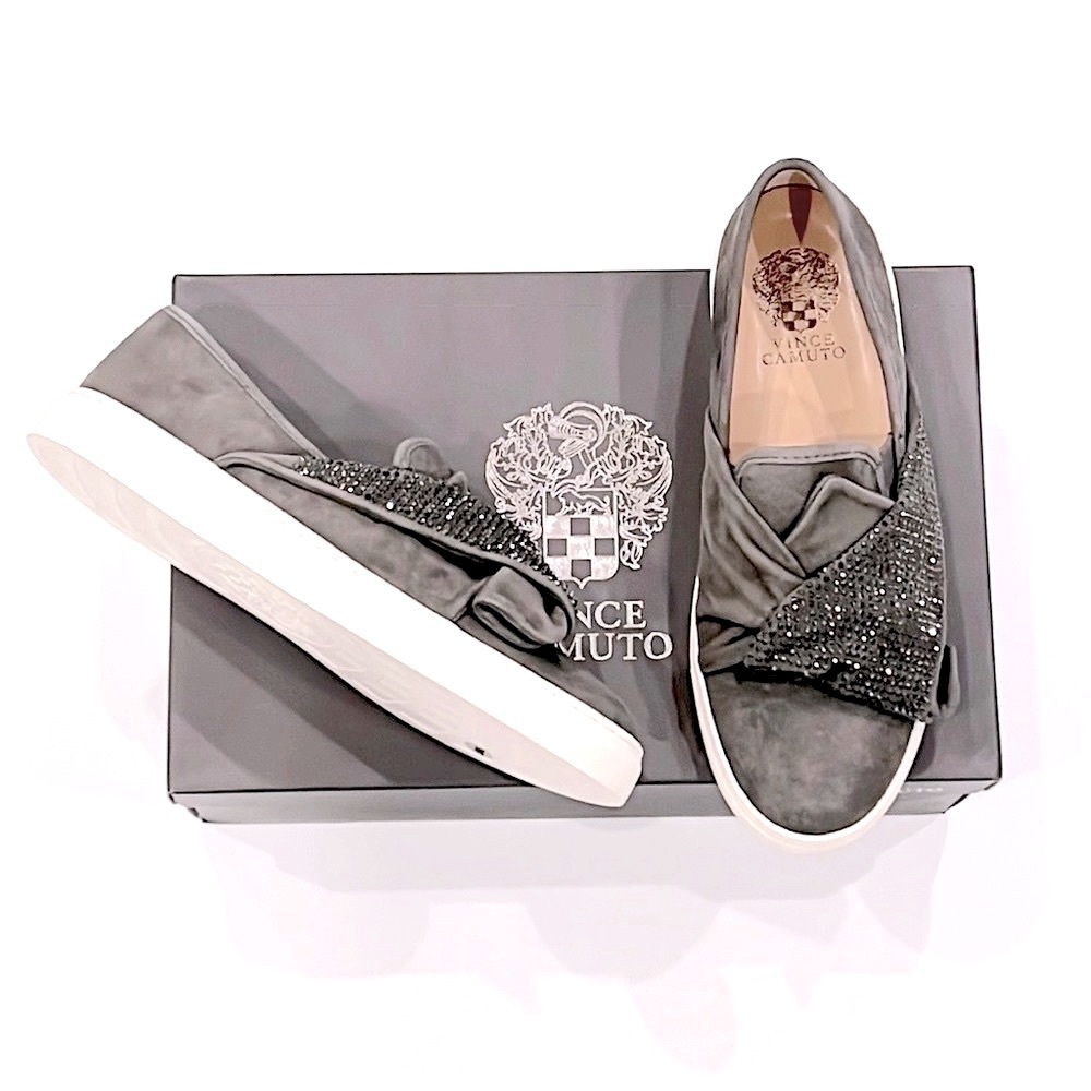 Vince Camuto Barita Kid Suede Leather Rhinestone Studded Slip On Shoes NWT